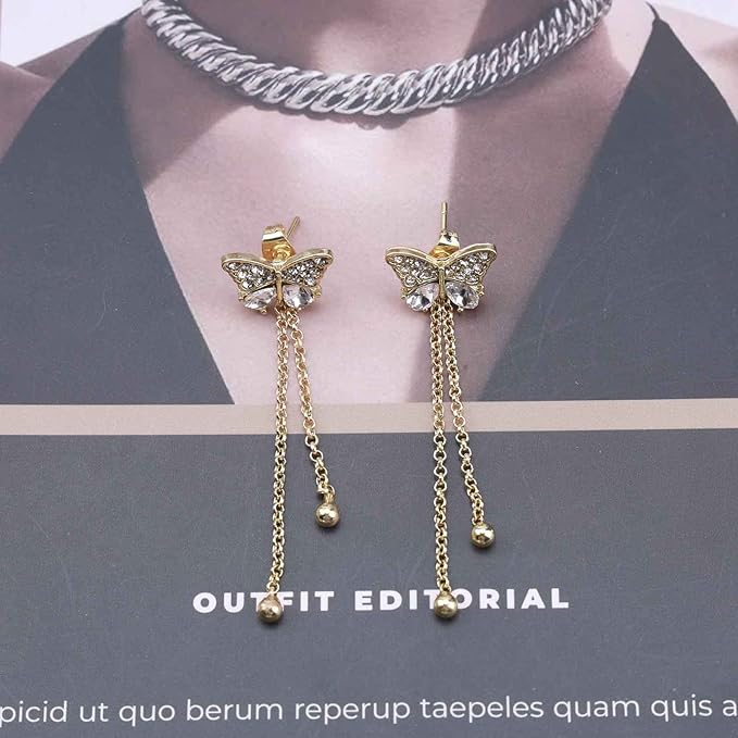 Vintage Crystal Butterfly Stud Earrings Gold Long Chain Earrings Thin Drop Chain Earrings Cz Paved Butterfly Earrings Retro Hanging Chain Earrings Jewelry for Women and Girls