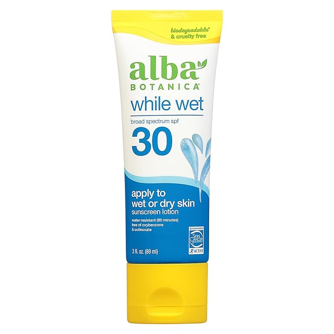 Alba Botanica Sunscreen for Face and Body, While Wet Sunscreen Lotion, Broad Spectrum SPF 30, Water Resistant Sunscreen for Wet and Dry Skin, 3 fl. oz. Bottle
