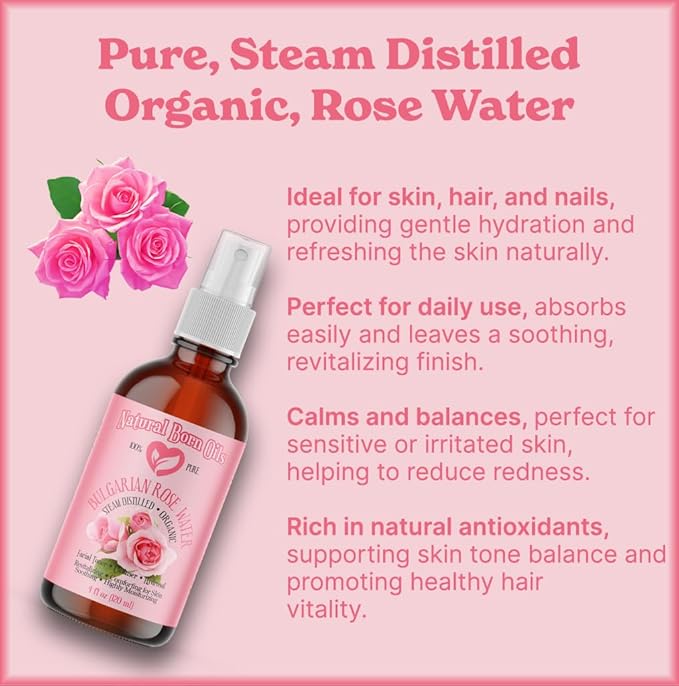 Natural Born Oils 8oz Rose Water Hydrosol, 100% Pure and Natural, Organic, Steam-distilled, Facial Toner Cleanser, with Sprayer, 8-Rose-Water