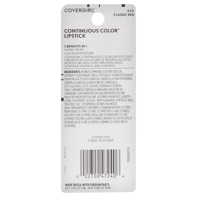 COVERGIRL Continuous Color Lipstick Classic Red 435, .13 oz (packaging may vary)