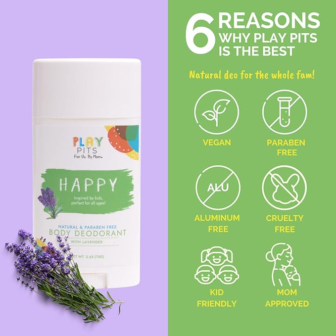 PLAY PITS - Natural Kids Whole Body Deodorant - Safe for Girls & Boys w/Sensitive Skin of All Ages - Clean & Paraben Free – SUGA, SONSHINE, & HAPPY - Infused w/Essential Oils – Variety 3 pack