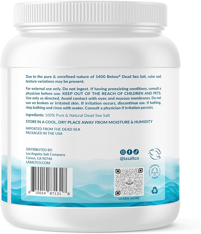 1400 Below 5 Lbs Jar Dead Sea Salt, Fine Grain - Foot and Spa Bath Soak, Exfoliating Body Scrub, 100% Pure and Mineral-Rich, Highest Mineral Content – Natural Muscle Tension Relief