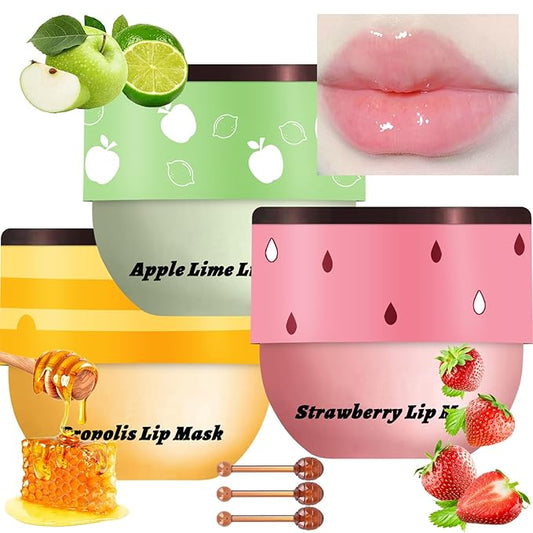 3 Pcs Bee Lip Balm Honey Pot, Honey Strawberry Apple Lip Mask Overnight, Moisturizing Lip Sleeping Mask, Hydrate Repair Prevent Dry Cracked Lip Exfoliator Lip Care (Honey+Strawberry+Apple Lime)