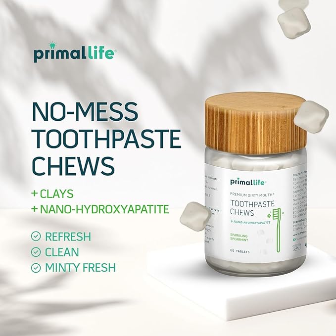 Primal Life Organics Premium Dirty Mouth Toothpaste Chews – Nano-Hydroxyapatite Whitening Toothpaste Tablets for Adults - Gluten Free, Vegan, Paleo - 60 Tablets in Jar - Sparkling Spearmint