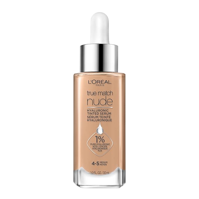 L'Oreal Paris True Match Nude Hyaluronic Tinted Serum Foundation with 1% Hyaluronic acid, Medium 4-5, 1 fl. oz.