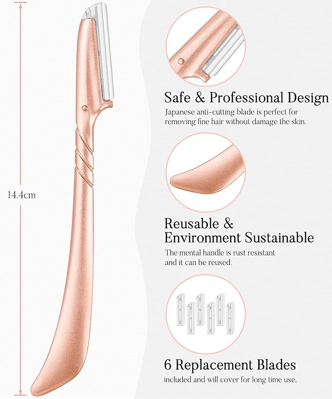 ennva Eyebrow Razor for Women-Eyebrow Trimmer Dermaplaning Tool-Ergonomic Eyebrow Shaper & Facial Razor for Peach Fuzz-Exfoliating Face Razor for Eyebrows-Eye Brow Shaver Razors w/7 Blades- Rose Gold