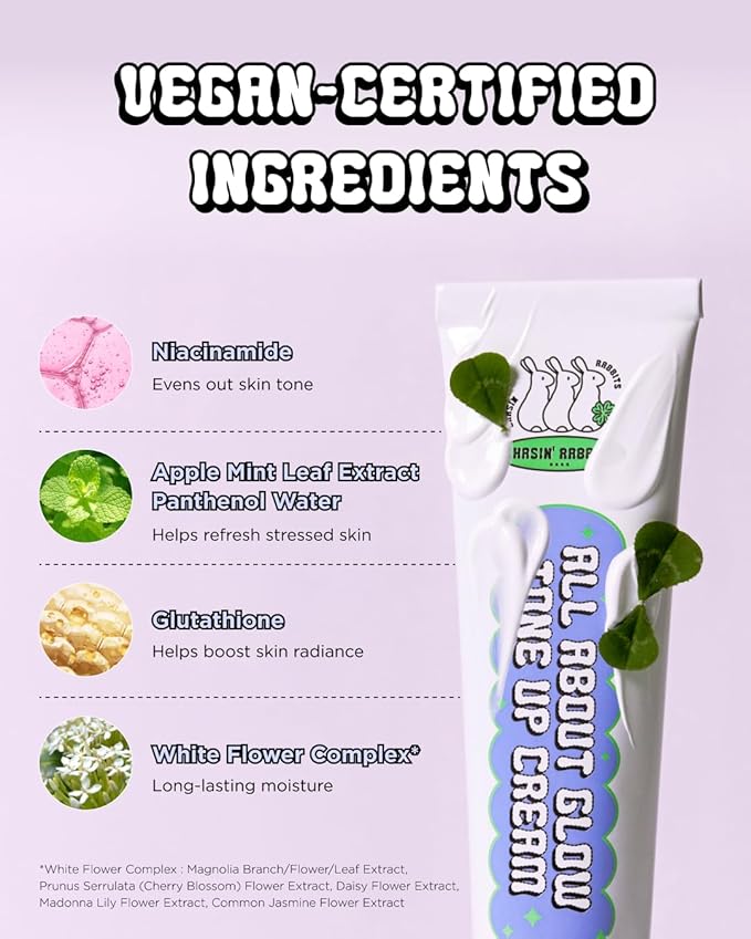 CHASIN' RABBITS All About Glow Tone-up Cream 1.69 fl. Oz, Natural Makeup Base, Dewy Hydration, Long-Lasting Makeup with Soft Texture, Korean Beauty