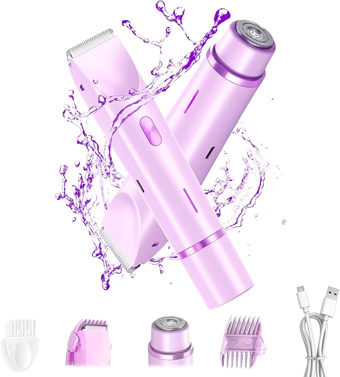 2025 New 2-in-1 Bikini Trimmer & Electric Shaver for Women - Cordless Wet/Dry Electric Razor Kit, Waterproof Hair Removal for Face/Lips/Underarms/Legs/Pubic Areas (Purple)