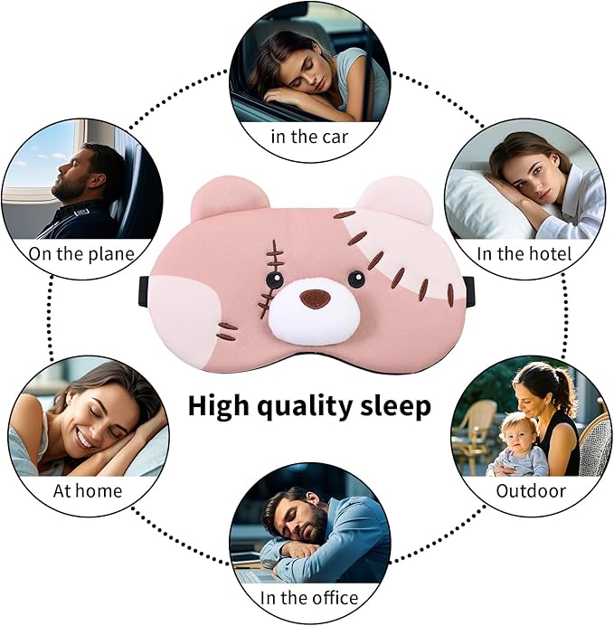 PERFECTSIGHT Sleep Eye Masks, Cute Plush Sleep Eye Cover Lightweight Adjustable Eyeshade Faux Fur Mask Cover for Women Men Kids Sleep Travel Nap, Big Eye Girl, Purple Nose, Brown Pudding Bear