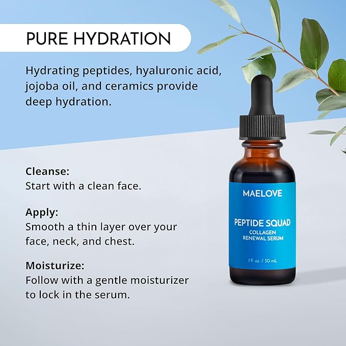 MAELOVE Peptide Squad Collagen Renewal Serum with Copper Peptides, Argireline, Matrixyl 3000 + Hyaluronic Acid and Niacinamide for Wrinkles, Fine Lines, and Skin Elasticity