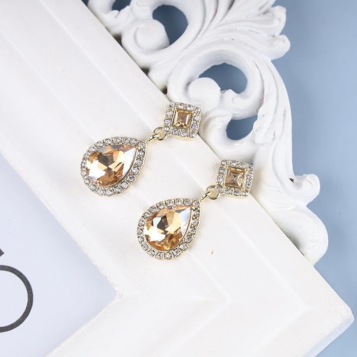 Vintage Crystal Teardrop Earrings Rhinestone Drop Earrings Sparkly Cz Teardrop Dangle Earrings Gold Square Gem Stud Earrings Jewelry for Women