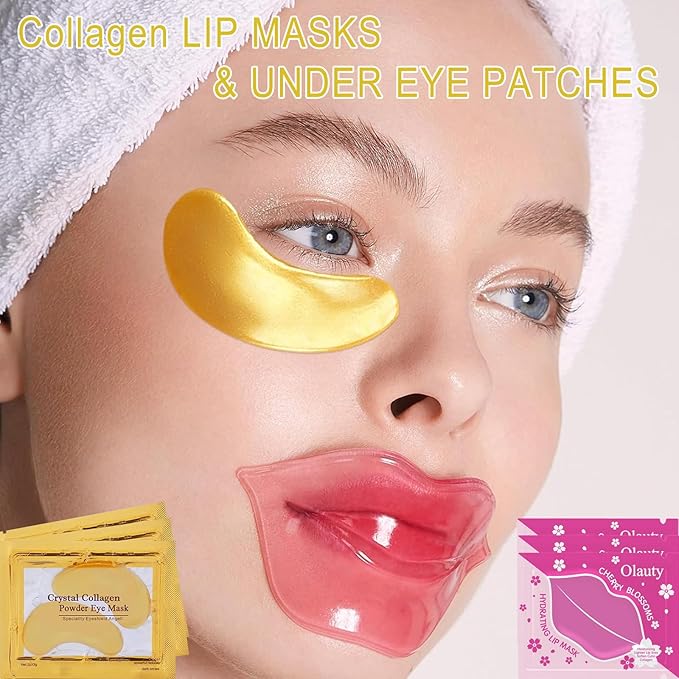 30 Pairs Collagen Lip Masks & Under Eye Mask, Gel Crystal Moisturizing Lip Mask, 24K Gold Under Eye Patches for Puffy Eyes, Dark Circle, Reducing Fine Lines, Effectively Nourishes Lip & Eye Skin Care