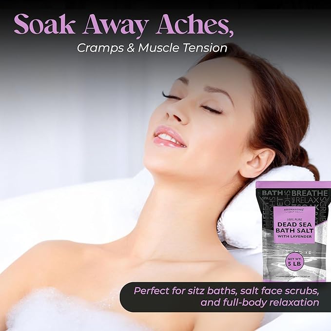 Aromasong Pure Dead Sea Salt for Soaking with 100% Natural Lavender, 5 LB - Spa Bath Salt Fine Grain - Body Wash Scrub - Soak for Women & Men- Bulk Resealable Pack (Packaging May Vary)