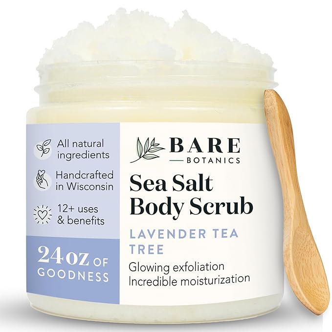 Bare Botanics Lavender Tea Tree Body Scrub 24oz | Made in Madison, WI | All Natural Sea Salt Exfoliator w/ Skin Loving Moisturizers | Vegan & Cruelty Free | Gift Ready Packaging w/ a Cute Wooden Spoon