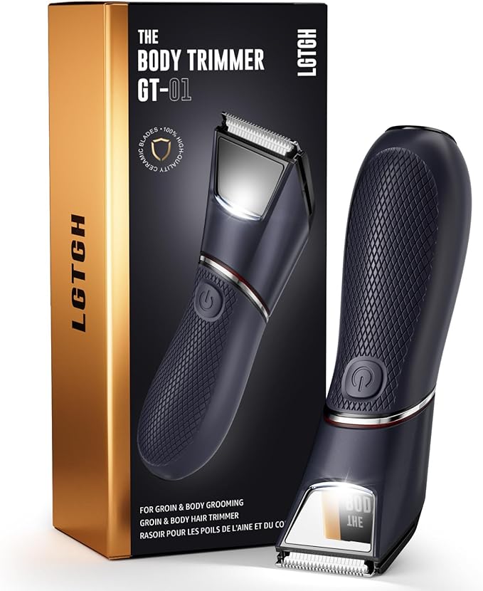 Body Hair Trimmer for Men: Pubic Hair Trimmer with Mirror & LED Light - Electric Ball Shavers with Ceramic Blades & Travel Lock - Body Groomer IPX7 Waterproof Wet/Dry Use for Groin/Legs/Chest