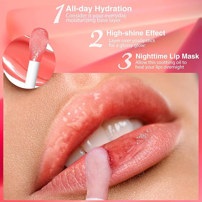 2Pack Big Brush Head Hydrating Lip Glow Oil Plumping Lip Tint, Hydrating Lip Gloss Tinted Lip Balm Transparent Lip Care, Long Lasting Nourishing Non-sticky Fresh Texture (Strawberry + Raspberry)