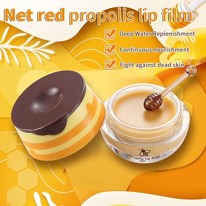 Bee Lip Balm Honey Pot, Exfoliating Honey Propolis Lip Mask, Hydrating & Prevention Dry and Cracked Lip Scrubs Exfoliator Lip Sleeping Mask Reduces Lip Lines Nourishing Lip Care Mask