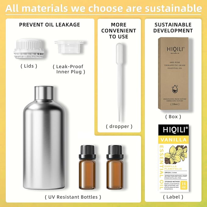 HIQILI 16 Ounces Vanilla Essential Oil, Strong Fragrance for Body Lotion, Candle Making, Soap, Aromatherapy -16 Fl Oz