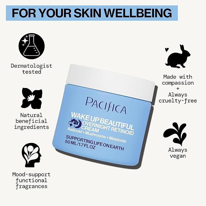 Pacifica Wake Up Beautiful Retinoid Night Cream – Overnight Anti-Aging Moisturizer with Hyaluronic Acid & Melatonin, Reduces Wrinkles & Fine Lines, Hydrating and Gentle for Dry or Mature Skin, Vegan
