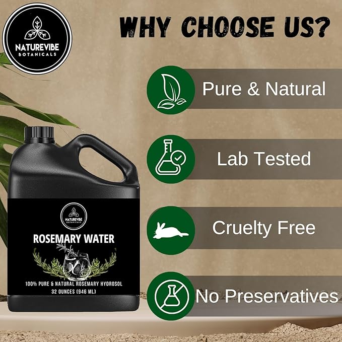 Naturevibe Botanicals Rosemary Water 32 Ounces | 100% Pure and Natural | Great for Skin Care and Hair Care