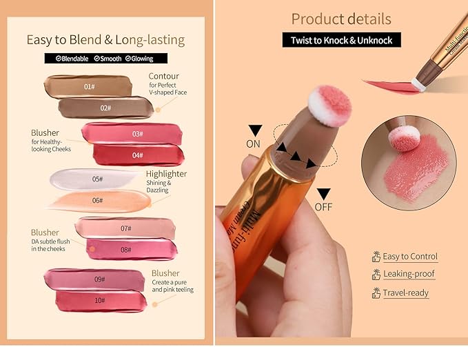 Go Ho Liquid Blush Beauty Wand,Blendable Super Silky Cream Blush Stick,Face Moisturizing Contour Blush Stick with Fine Cushion Applicator,Cruelty-free,003# Medium Pink
