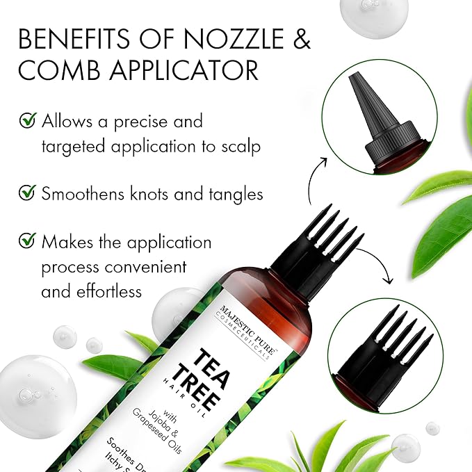 Majestic Pure 100% Pure Tea Tree Oil with Biotin for Hair Care, Strengthening, Nourishing, and Volumizing Formula with Jojoba Oil and Castor Oil - Non GMO Verified, 198 ml