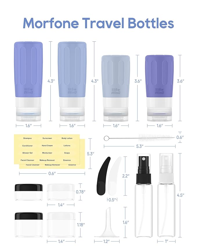Morfone 16 Pack Silicone Travel Bottles Set for Toiletries TSA Approved Travel Containers Leakproof Squeezable Refillable Accessories 2oz 3oz for Shampoo Conditioner Lotion Liquids(Blue)