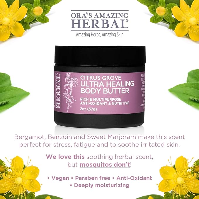 Ora's Amazing Herbal Ultra Healing Body Butter, Intensive Moisturizer For Dry Skin, Marjoram & Bergamot Essential Oil, 8 oz, Citrus Grove Scent