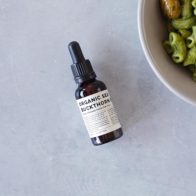 Erbology 100% Organic Sea Buckthorn Oil 1 fl oz - Cold-Pressed 50:1 - Rich in Omega-7 and Beta-carotene - Straight from Farm - Non-GMO - No Additives or Preservatives - Recyclable Glass Bottle