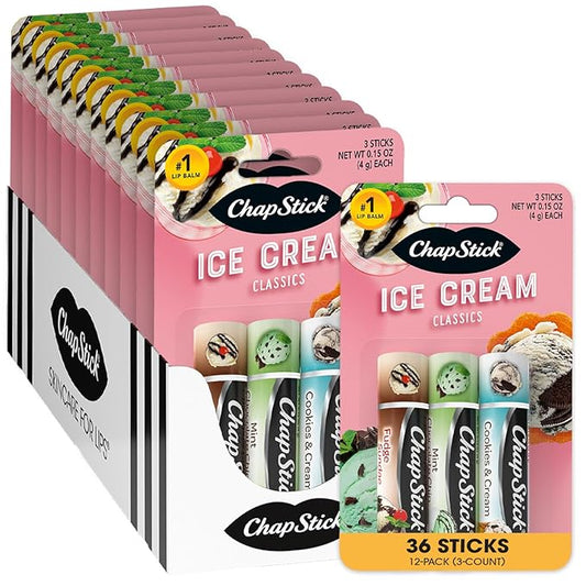 ChapStick Lip Moisturizer, Ice Cream 3-Packs (12 Sets/36 Tubes) - Bulk Lip Balm, Irresistible & Sweet, 0.15 Oz Ea