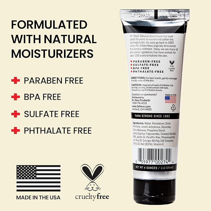 Dr. Hess Genuine Hand Cream, Nourishing & Softening Lotion for Dry, Cracked Hands & Heels, Eczema Relief, with Lanolin, Beeswax, Olive Oil & Vitamin E, Cruelty-Free, Paraben & Sulfate-Free, 4 oz