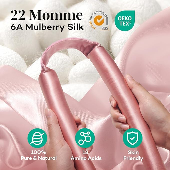 Umisleep 22 Momme 100% Mulberry Silk Heatless Hair Curler Set — Frizz-Free Hair Rollers for Women Long Hair, Overnight Heatless Curls, Upgraded Soft Flat Design with Clips & Scrunchies, Pink