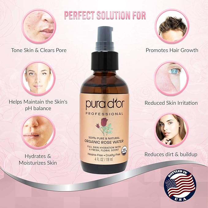 PURA D'OR Organic Rose Water Toner (4oz / 118mL) Eau Fraiche, 100% Pure Full Skin Hydration, Control Excess Oils & Acne - Cleanses & Softens - Promotes Healthy Skin Cell - for All Skin Types