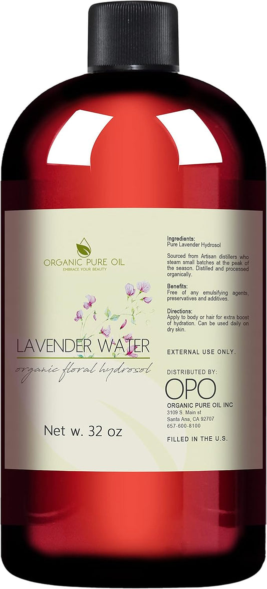 Lavender Water Hydrosol - Pure Steam Distilled Natural Non GMO Calming Bulk Body, Face, Facial Toner, Aromatherapy, Set Makeup, Cleanser Mist Spritz - 32oz - OPO