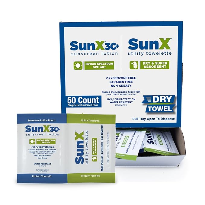 Sun X SPF 30+ Broad Spectrum Sunscreen Lotion Foil Pack Single Dose with Attached Dry Towelette, 50 Count