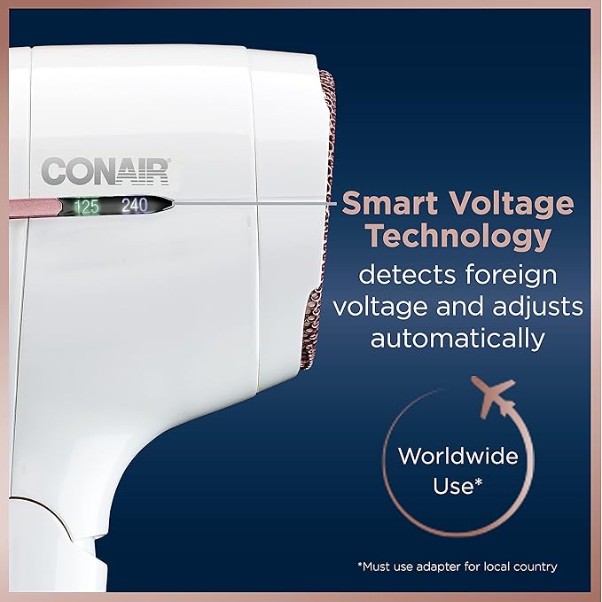 Conair Hair Dryer, Worldwide Travel Hair Dryer with Smart Voltage Technology and Folding Handle, Includes Concentrator