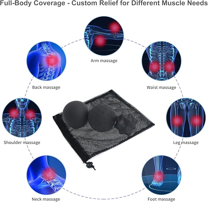 Massage Balls for Myofascial Release,Yoga Deep Tissue,Trigger Point Therapy & Foot Plantar Fasciitis,Muscle Soreness Massager Ball (3 Pack,Black)