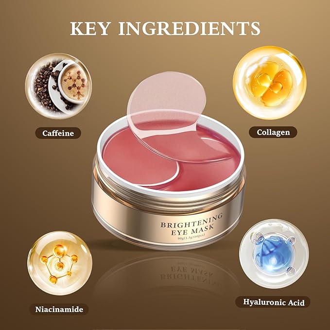 Caffeine Brightening Eye Masks - Under Eye Patches for Dark Circles, Eye Bag, Wrinkle, Puffiness with Hyaluronic Acid - Hydrating Eye Masks for Women and Men, Less Tired