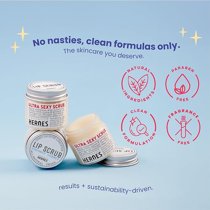 Handmade Heroes 100% Natural Lip Scrub, Vegan Conditioning Coconut Exfoliator - Gentle Exfoliant, Sugar Polish and Scrubber for Chapped Dry Lips, 1oz (Coconut Sorbet)