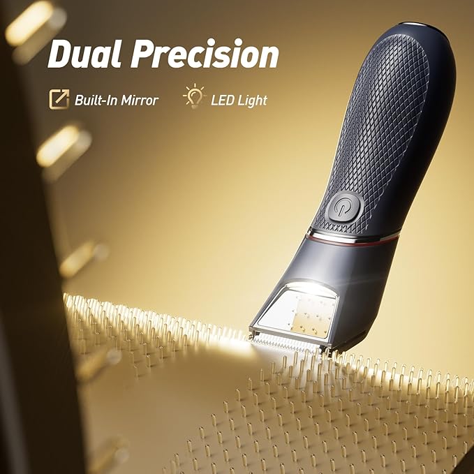Body Trimmer for Men: Pubic Hair Trimmer with Mirror & LED Light - IPX7 Waterproof Wet/Dry Use for Chest/Back/Groin -Ceramic Blades & Travel Lock - No Nicks/Cuts Ball Shaver