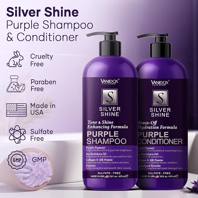Sulfate Free Brass Toning Purple Shampoo and Conditioner Set for Grey and Silver Hair, Moisturizing & Color-Safe, Enhances Shine & Brightness, Made in USA (16 fl oz each)