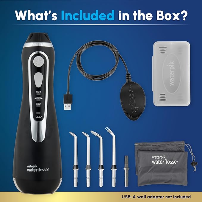 Waterpik Cordless Advanced 2.0 Water Flosser For Teeth, Gums, Braces, Dental Care With Travel Bag and 4 Tips, ADA Accepted, Rechargeable, Portable, and Waterproof, Black WP-582, Packaging May Vary