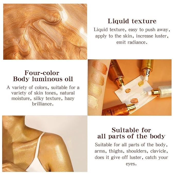 Shimmer Body Oil-Bronze Gold Face Brighten Pearl Highlighter Liquid Illuminator Body Glow Oil,4 Color Bronze Makeup Glitter Body Shimmer Oil with Makeup Brush
