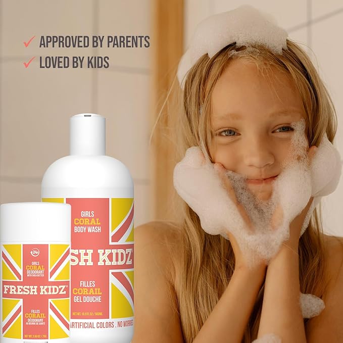 Fresh Kidz Body Wash 16.9 fl.oz. and Stick Deodorant 2.65 oz for Kids and Teens - Girls "Coral" Set