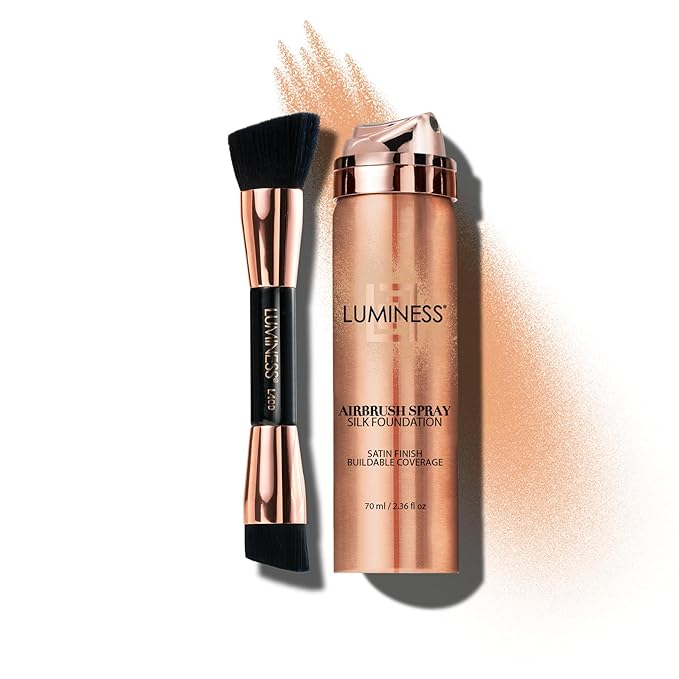 LUMINESS Silk Airbrush Spray Foundation & Buffing Brush Kit – Full Coverage Foundation & Dual-Sided Buffing Brush - Buildable Coverage, Anti-Aging Formula Hydrates & Moisturizes (Shade - Medium Warm)