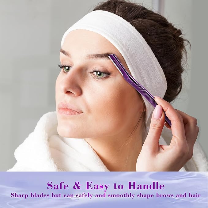 Dermaplane Razor for Women and Men, Eyebrow Razor with Precision Cover, Peach Fuzz Dermaplaning Tool, Exfoliating Facial Razor Reusable Metal Handle with 6 Blades - Purple