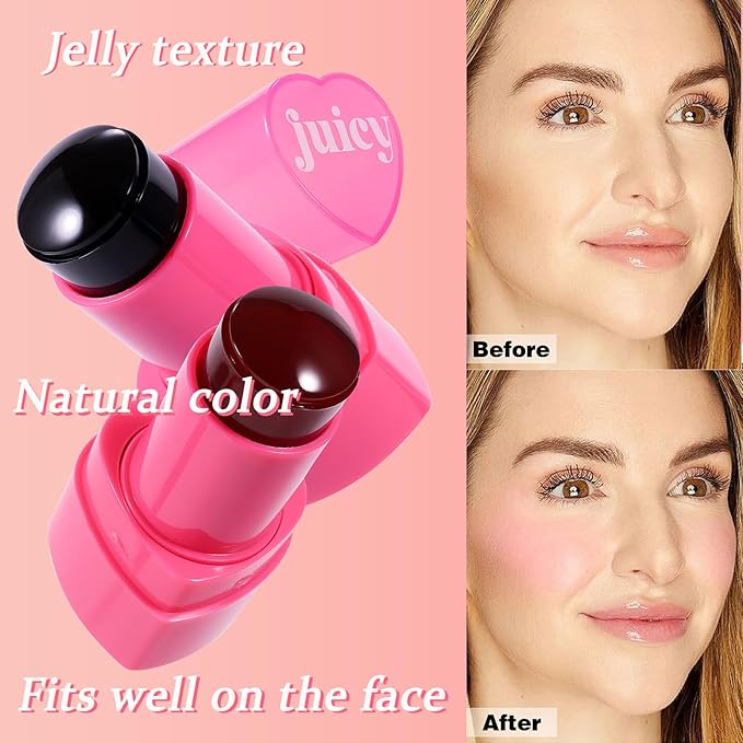 Water Jelly Tint Blush, 3-In-1 Multi-Use Blush Cream Blush Stick for Eyes, Cheeks & Lips, Hydrating & Bouncy Jelly Texture, Blends Perfect for Skin Portable Multipurpose Long Lasting Waterproof(02, s)