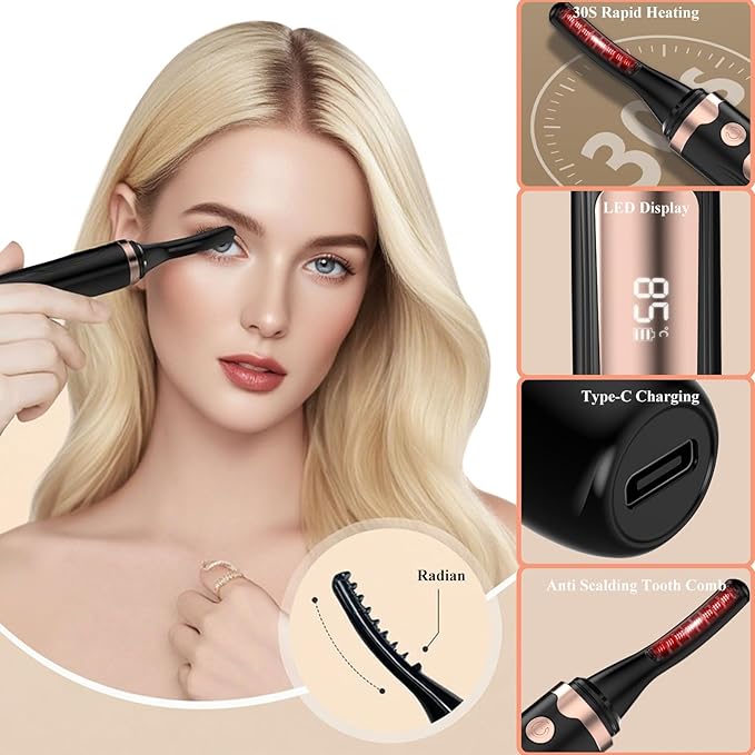 Heated Eyelash Curlers, Electric Eyelash Curler with LED Display, Rapid Heating Eyelashs with 3 Temp Setting, Rechargeable Eye lash Curler, Natural Curling 24H Long Lasting for Makeup Tools (Black)