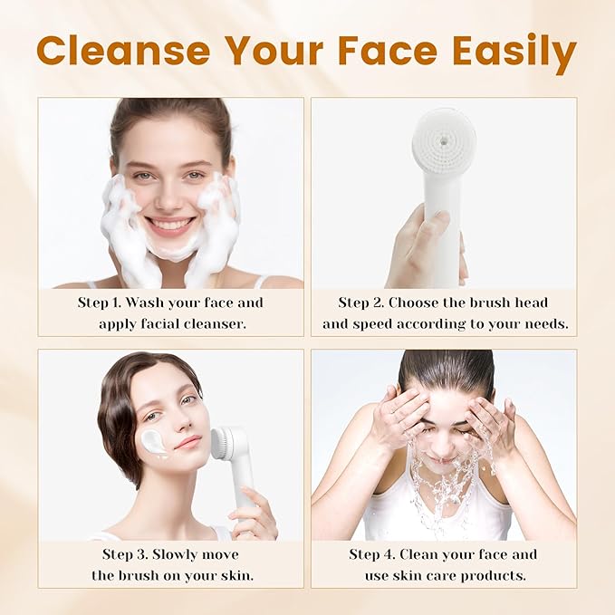 Rechargeable Face Scrubber, Electric Facial Cleansing Brush with Exfoliator and Sponge Brushheads, 3 Speeds Face Wash Brush, Gentle face exfoliator Brush for Men Women