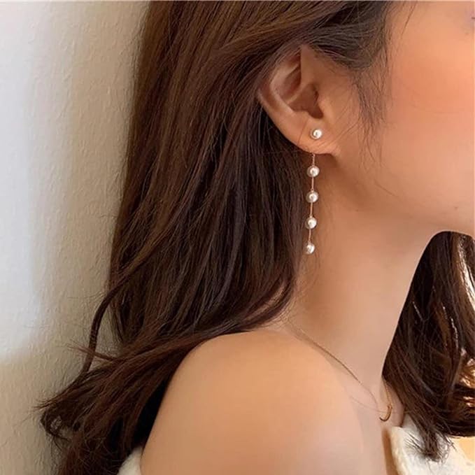 Boho Pearl Dangle Earrings Gold Pearl Drop Stud Earrings Long Pearl Tassel Earrings Vintage Pearl Linear Earrings Jewelry for Women and Girls